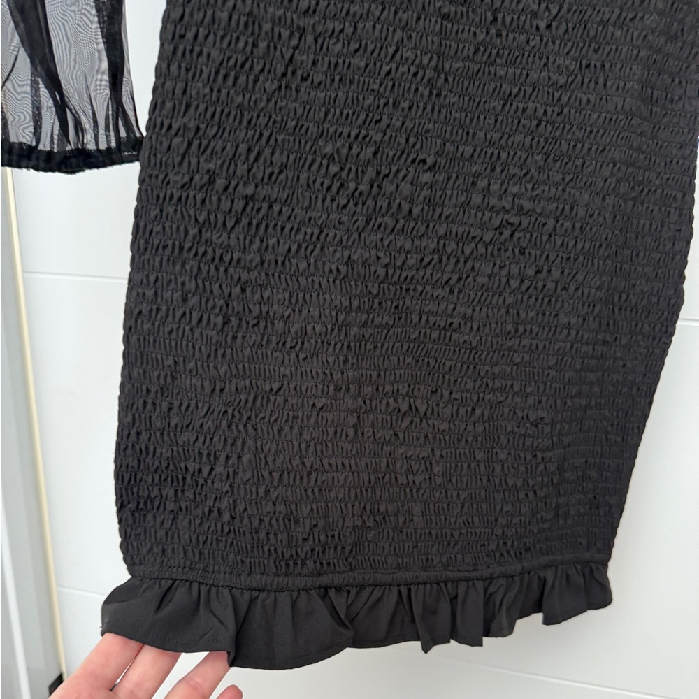 Starlow Black Sheer Sleeve Ruched Mini Dress Square Neck Ruffle Hem | Size S - Picture 6 of 9